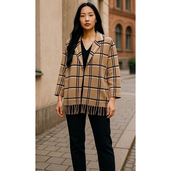 Adrienne Vittadini Women’s 1X‎ Open Cardigan Black Tan Pockets Fringe - Picture 1 of 10